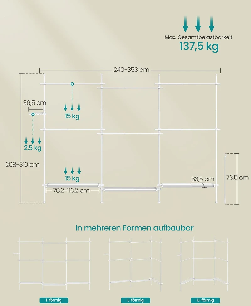 Koduva Reguliuojama drabužių kabykla, 3 lygių, balta, 33,5 x 240–353 x 208–310 cm