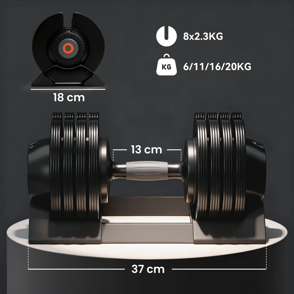 Aosom Reguliuojama hantelė, 6-20 kg, juoda, su laikymo padėklu