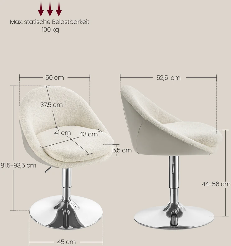 Songmics Reguliuojama kėdė su atlošu ir pagrindu, kreminės baltos spalvos, 52,5 x 50 x 81,5–93,5 cm