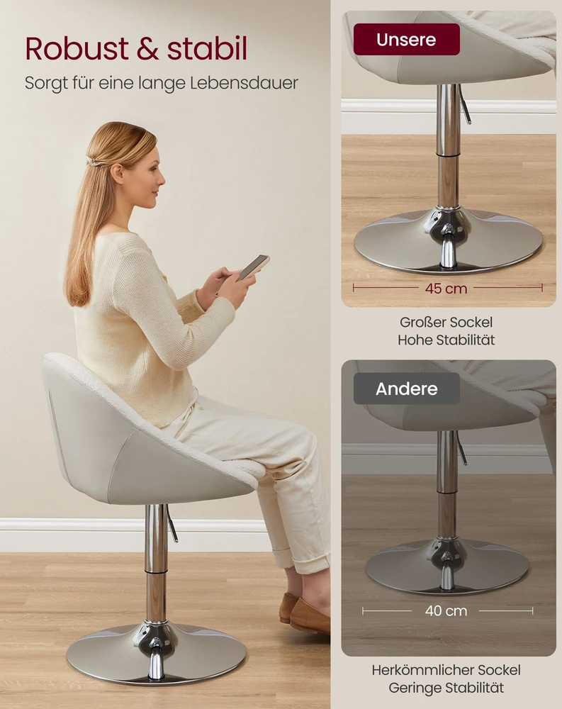Songmics Reguliuojama kėdė su atlošu ir pagrindu, kreminės baltos spalvos, 52,5 x 50 x 81,5–93,5 cm