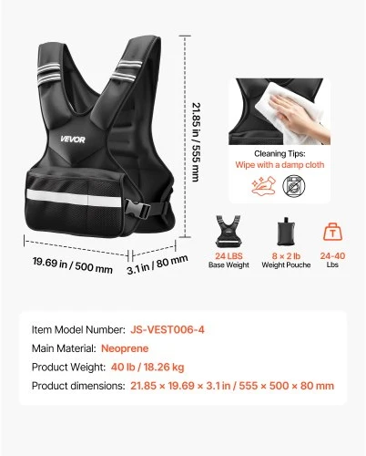 VEVOR Reguliuojama svorio liemenė, 18,3kg, neoprenas, juoda, su 8 svorio paketais