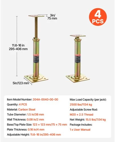 Koduva Reguliuojamas atraminis domkrato stulpas VEVOR, 4 vnt., 29,5-40,6 cm