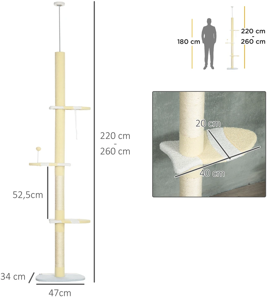 Aosom Reguliuojamas draskyklės stulpas, geltona / balta / mėlyna, 47 x 34 x 220-260 cm
