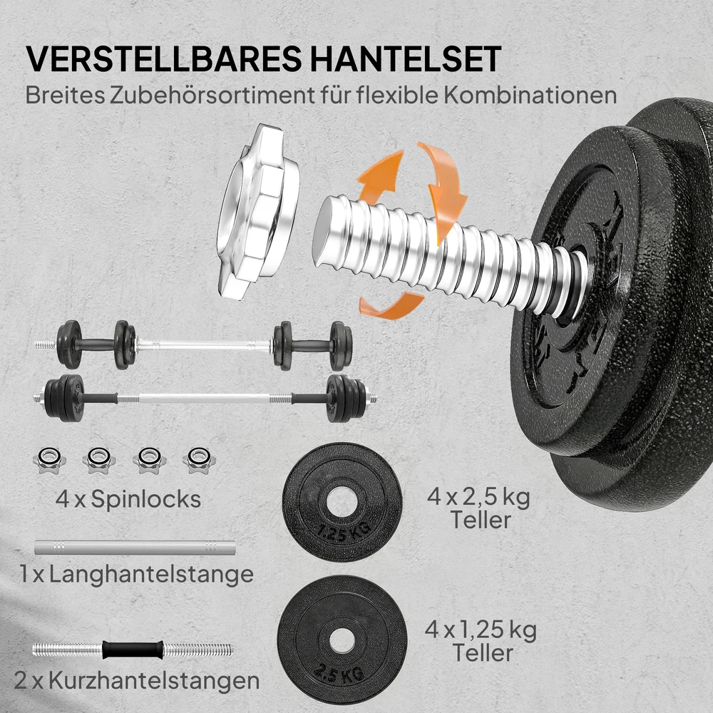 Aosom Reguliuojamas hantelių ir štangos komplektas, 20 kg, pilkas, plienas