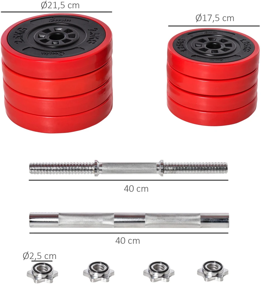 Aosom Reguliuojamas hantelių ir štangos rinkinys, 20 kg, raudona ir juoda, 2-in-1