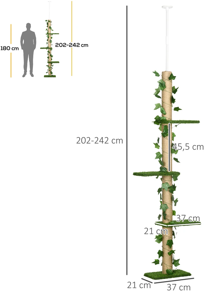 Aosom Reguliuojamas kačių draskyklės medis, 202-242 cm, neslystantis, džiuto stulpai, medžio drožlių plokštė, žalia/geltona