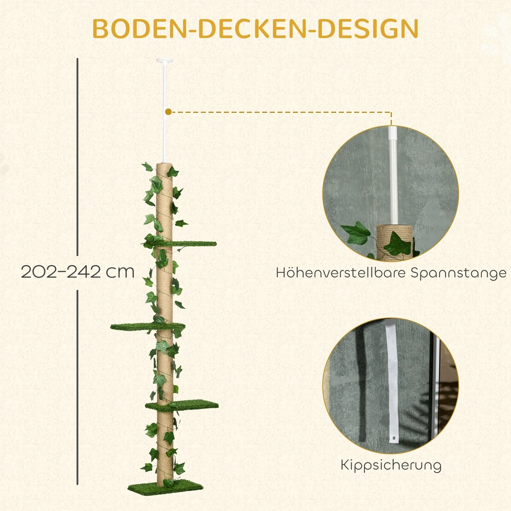 Aosom Reguliuojamas kačių draskyklės medis, 202-242 cm, neslystantis, džiuto stulpai, medžio drožlių plokštė, žalia/geltona