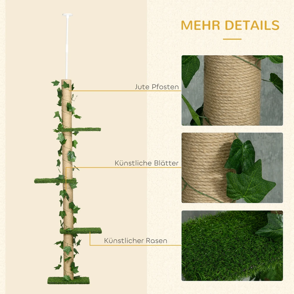 Aosom Reguliuojamas kačių draskyklės medis, 202-242 cm, neslystantis, džiuto stulpai, medžio drožlių plokštė, žalia/geltona