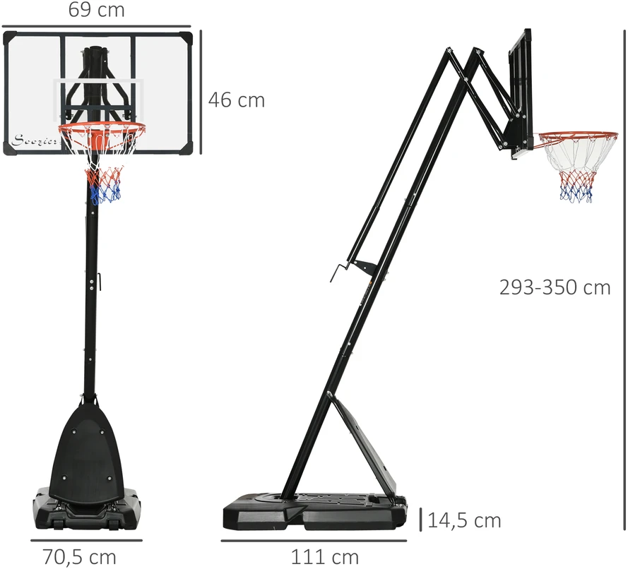 Aosom Reguliuojamas krepšinio stovas, 236-293 cm, juoda + raudona