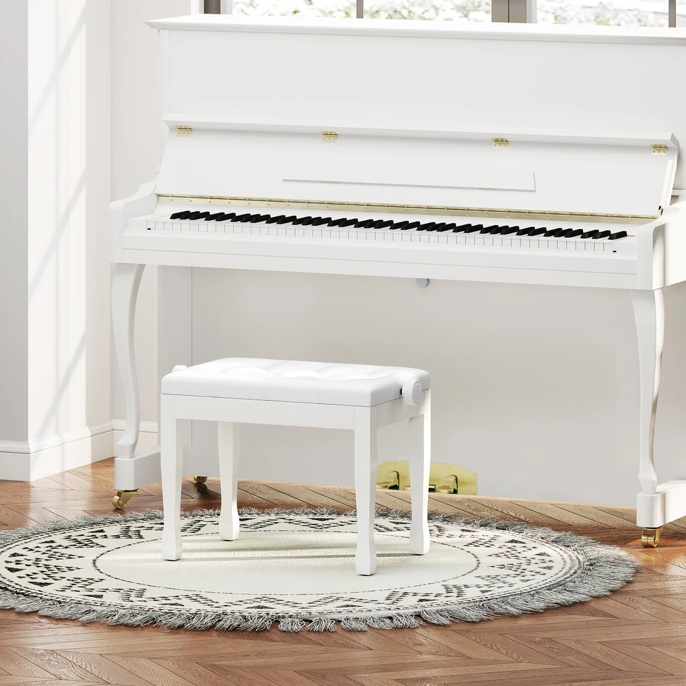 Aosom Reguliuojamas pianino suolas su dirbtinės odos pagalvėle, baltas, 64 x 35 x 45-55 cm