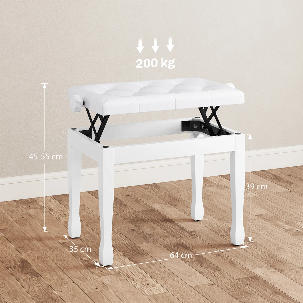 Aosom Reguliuojamas pianino suolas su dirbtinės odos pagalvėle, baltas, 64 x 35 x 45-55 cm