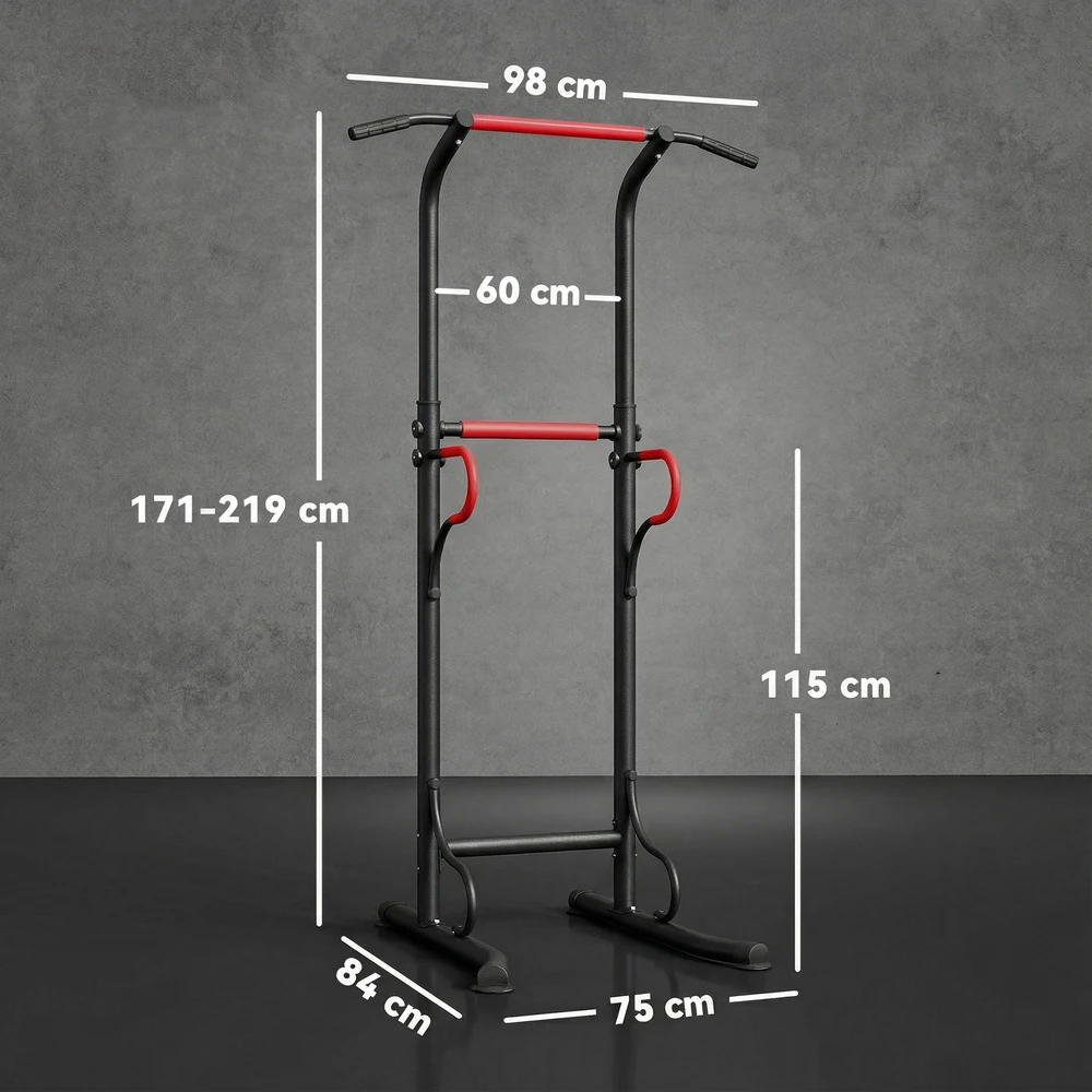 Sofa Aosom Reguliuojamas power tower, dip stotis su prisitraukimų skersiniu, juoda / raudona, 98 x 84 x 171-219 cm