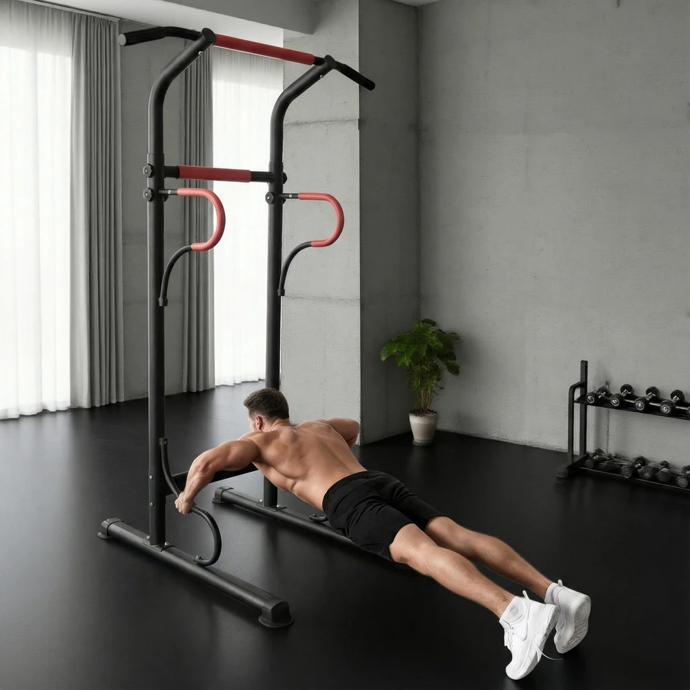 Sofa Aosom Reguliuojamas power tower, dip stotis su prisitraukimų skersiniu, juoda / raudona, 98 x 84 x 171-219 cm