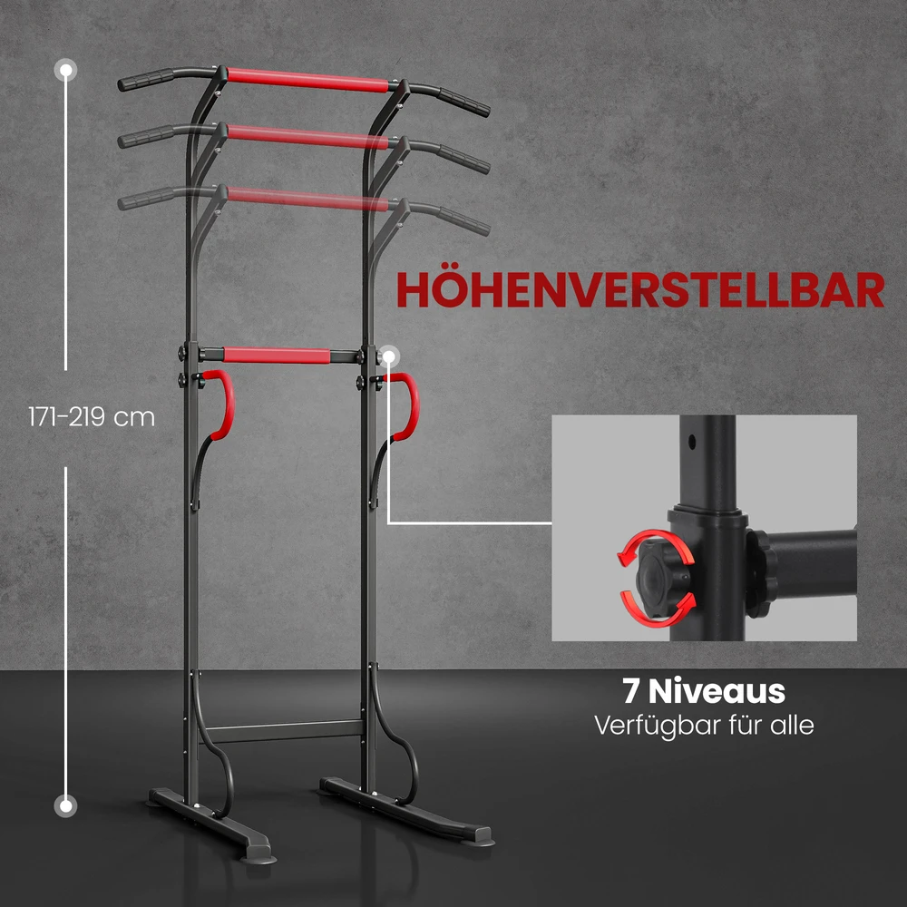 Sofa Aosom Reguliuojamas power tower, dip stotis su prisitraukimų skersiniu, juoda / raudona, 98 x 84 x 171-219 cm
