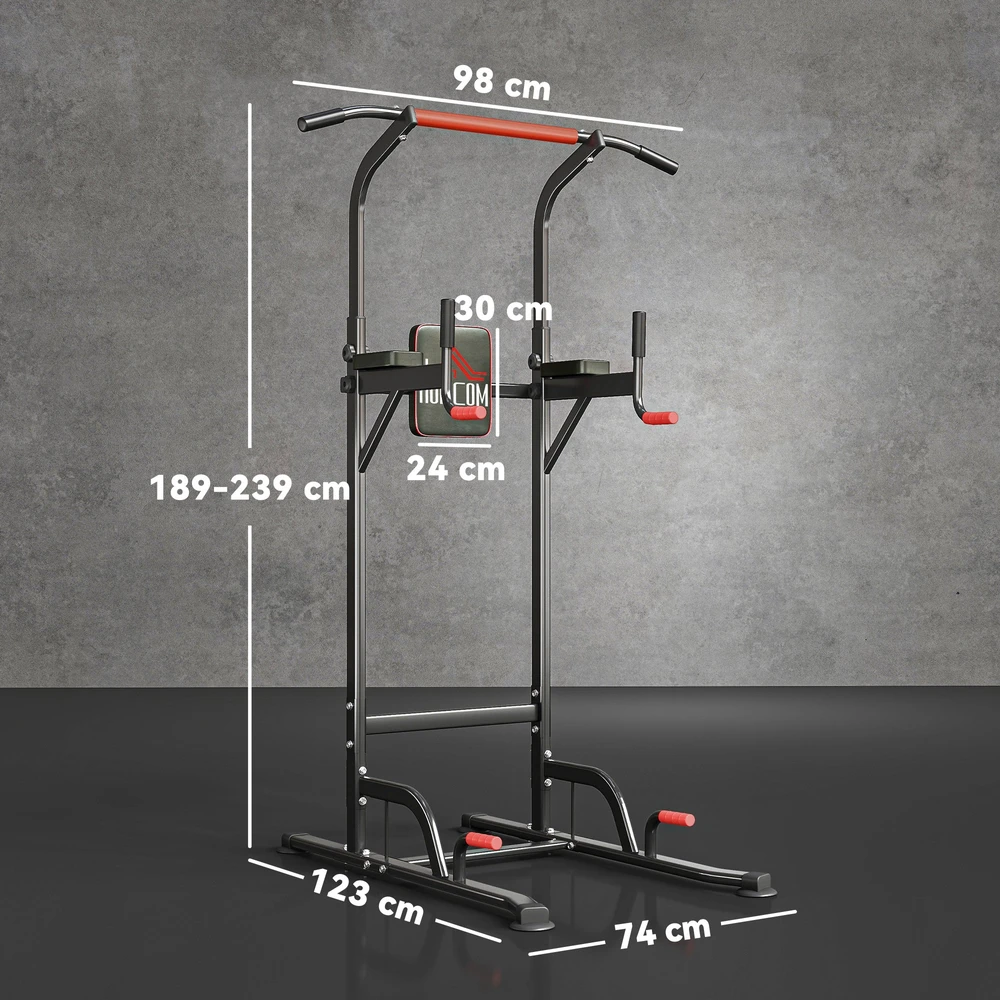 Aosom Reguliuojamas power tower su prisitraukimų skersiniu, juodas ir raudonas, 123 x 98 x 189-239 cm