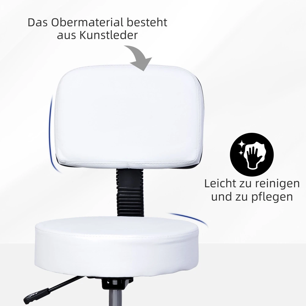 Aosom Reguliuojamas taburetė su ratukais ir atkalte, balta, Ø35 cm, 72–84 cm
