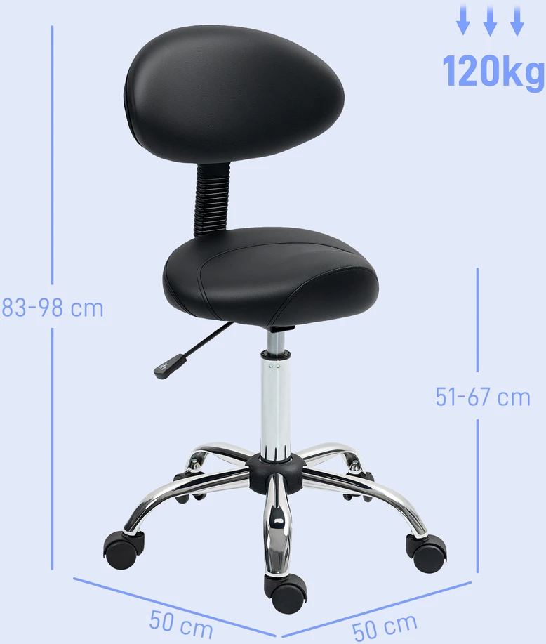Aosom Reguliuojamas taburetė su ratukais su atkalte, juoda, 83-98 cm