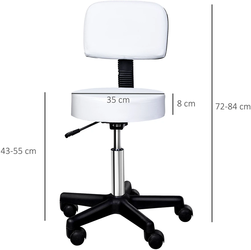 Aosom Reguliuojamas taburetė su ratukais ir atkalte, balta, Ø35 cm, 72–84 cm