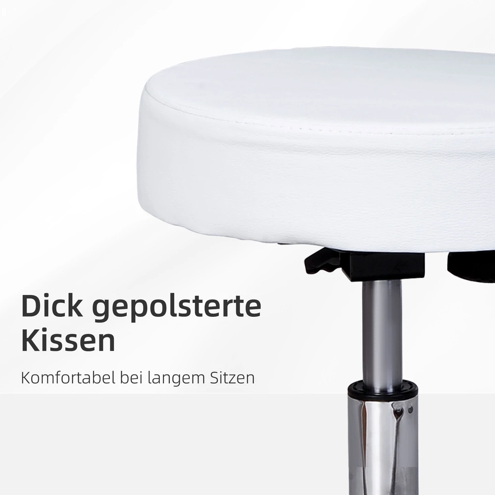 Aosom Reguliuojamas taburetė su ratukais ir atkalte, balta, Ø35 cm, 72–84 cm