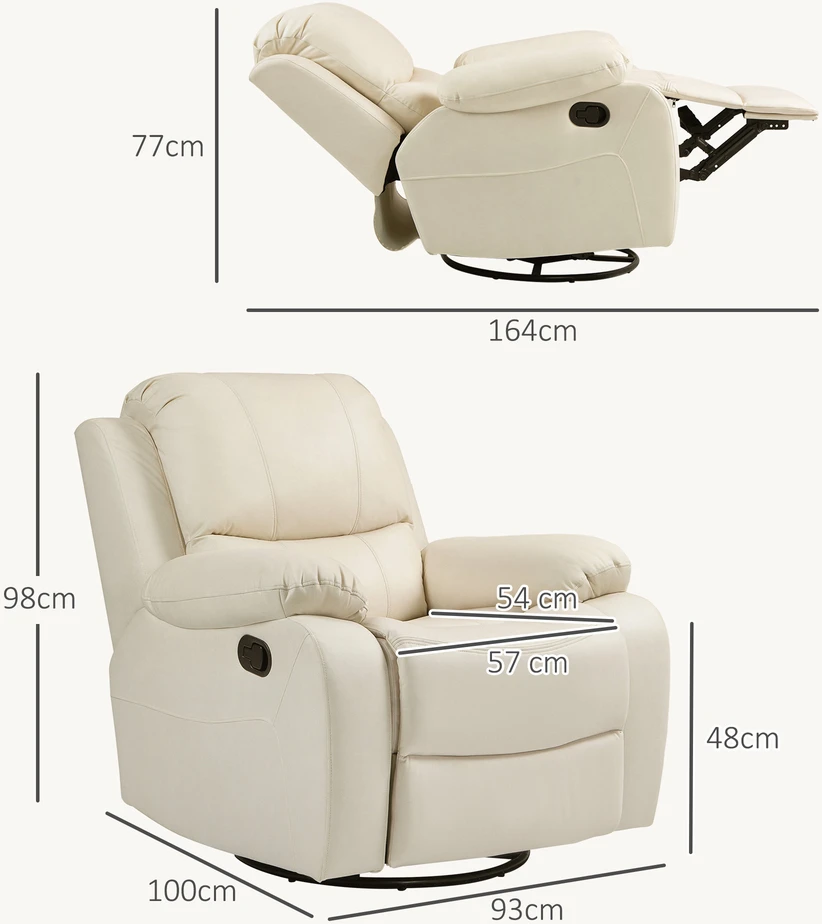 Fotelis Aosom Reguliuojamas televizoriaus krėslas su atlošu ir kojų atrama, sukinėjamas, iki 150 kg, plieno rėmas, kreminė balta, 93 x 100 x 98 cm