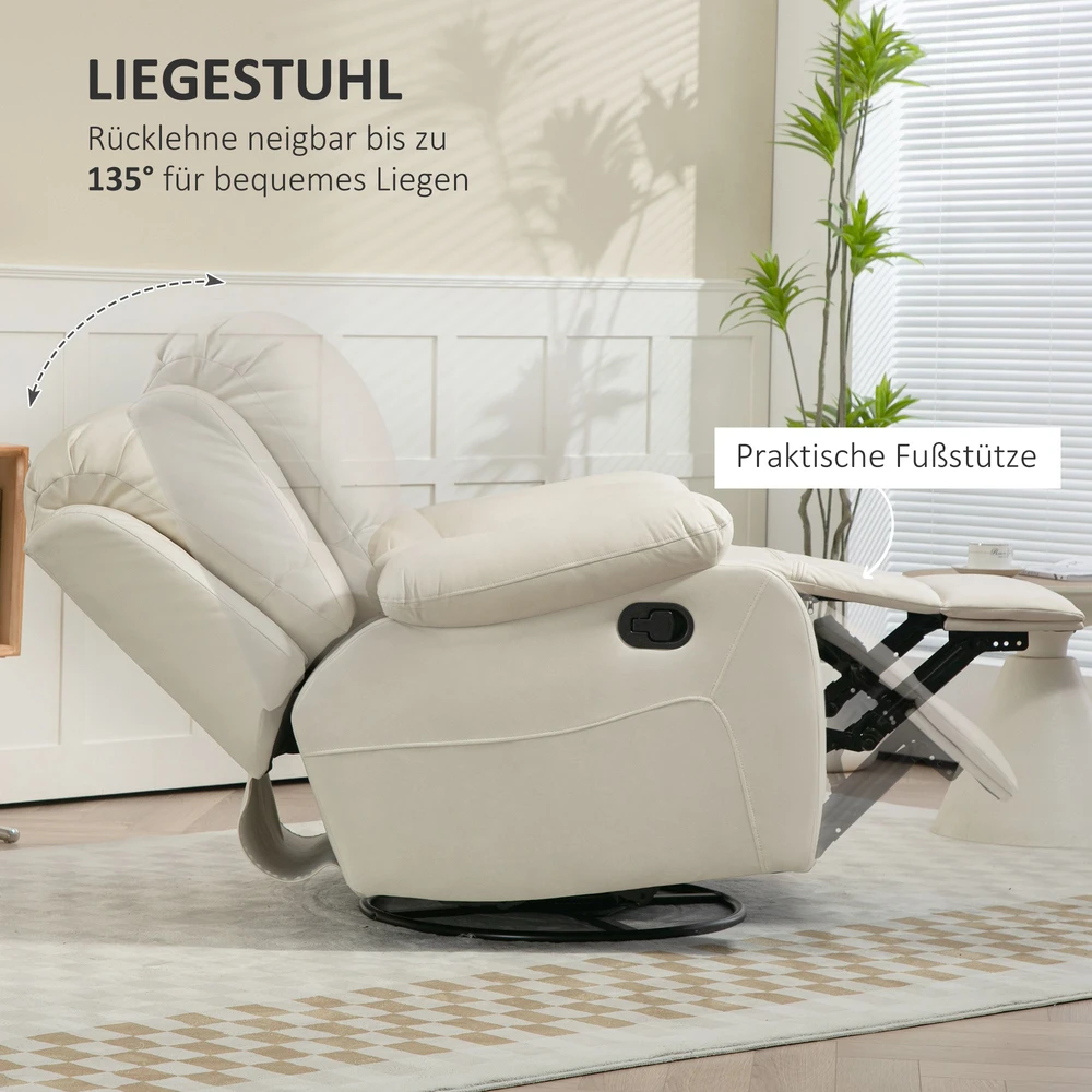 Fotelis Aosom Reguliuojamas televizoriaus krėslas su atlošu ir kojų atrama, sukinėjamas, iki 150 kg, plieno rėmas, kreminė balta, 93 x 100 x 98 cm
