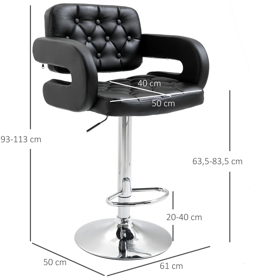 Aosom Reguliuojamo aukščio baro kėdė su atlošu, 360° sukamasi, juoda, 61 x 50 x 93-113 cm