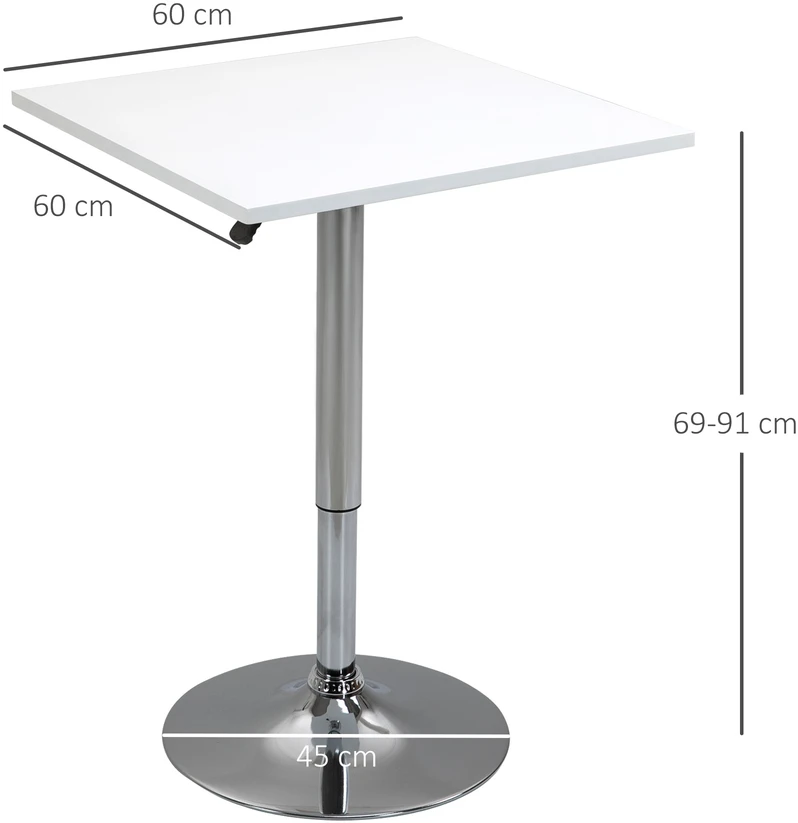 Aosom Reguliuojamo aukščio baro stalas, 360° sukamas, baltas, 60 x 60 x 69-91 cm