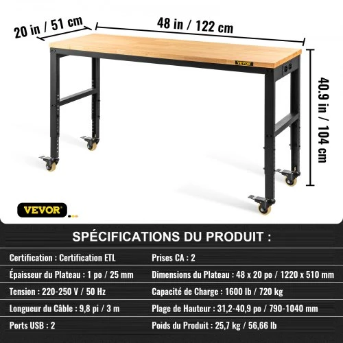 VEVOR Reguliuojamo aukščio darbastalis O4820L, su ratukais ir elektros lizdais, rudas, 122 x 51 x 79-104 cm