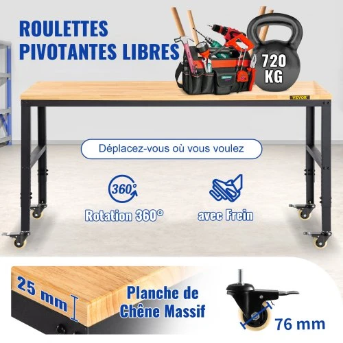VEVOR Reguliuojamo aukščio darbastalis O4820L, su ratukais ir elektros lizdais, rudas, 122 x 51 x 79-104 cm