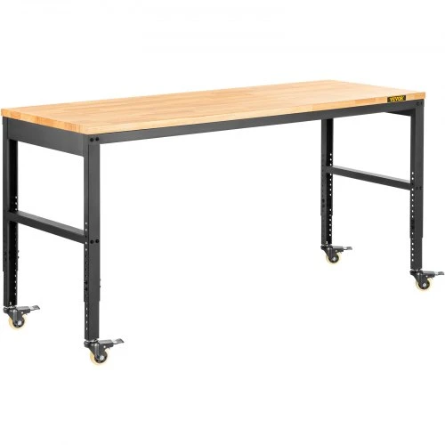 VEVOR Reguliuojamo aukščio darbastalis O4820L, su ratukais ir elektros lizdais, rudas, 122 x 51 x 79-104 cm