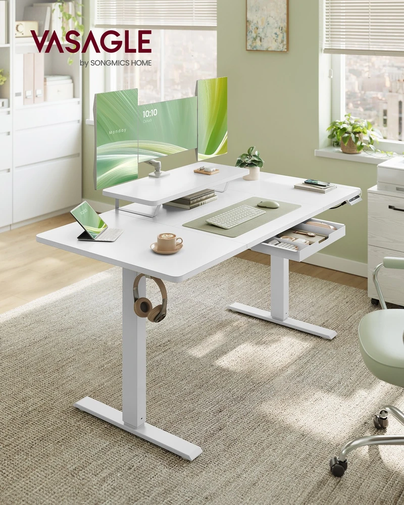 Koduva Reguliuojamo aukščio darbo stalas 140 x 70 cm su monitoriaus stovu, stalčiumi ir USB-C, baltas
