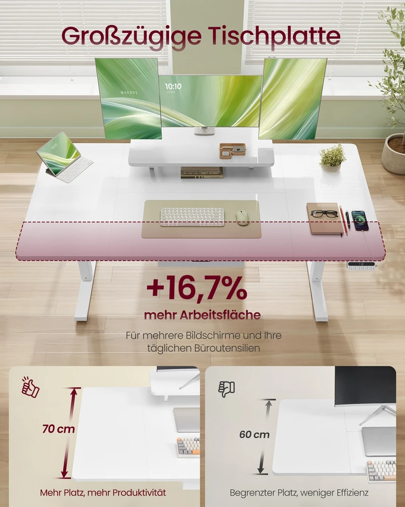 Koduva Reguliuojamo aukščio darbo stalas 140 x 70 cm su monitoriaus stovu, stalčiumi ir USB-C, baltas