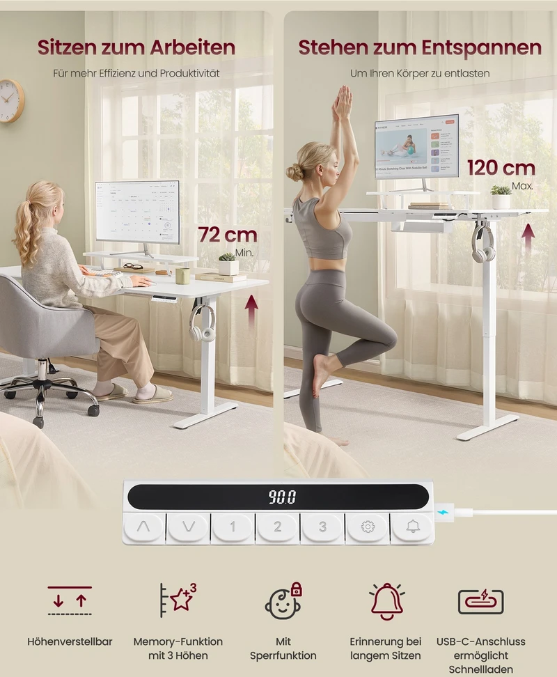 Koduva Reguliuojamo aukščio darbo stalas 140 x 70 cm su monitoriaus stovu, stalčiumi ir USB-C, baltas