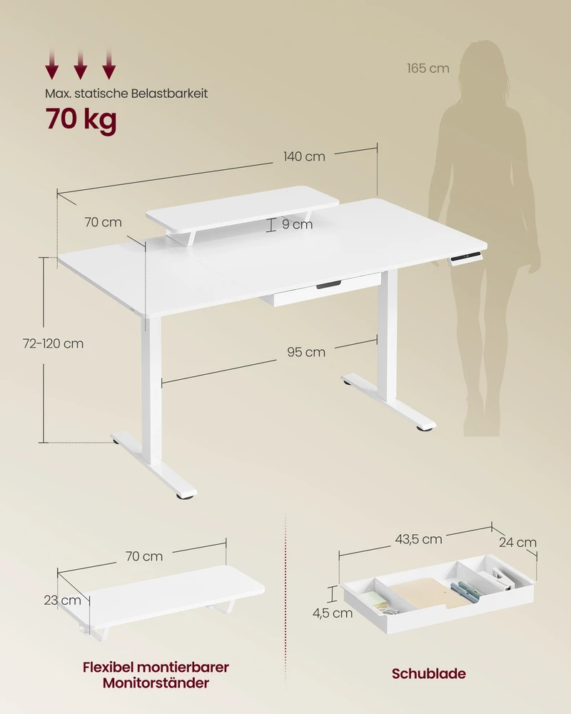 Koduva Reguliuojamo aukščio darbo stalas 140 x 70 cm su monitoriaus stovu, stalčiumi ir USB-C, baltas