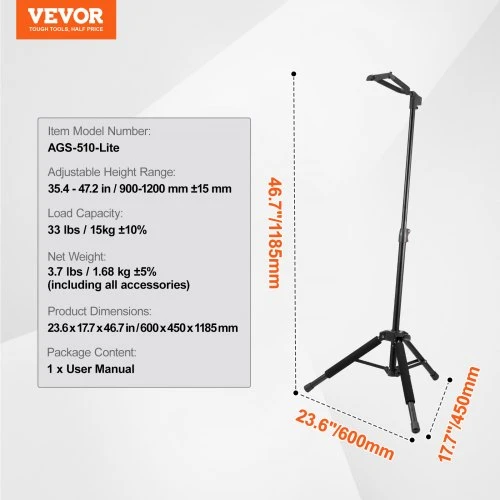 VEVOR Reguliuojamo aukščio gitaros stovas, sulankstomas, 90-120 cm