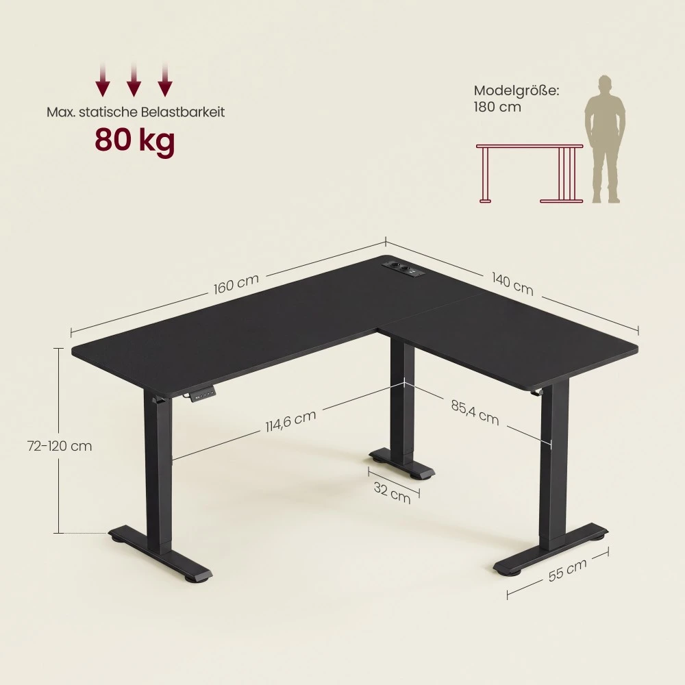 Songmics Reguliuojamo aukščio L formos rašomasis stalas, 160 x 140 cm, su lizdais, juodas
