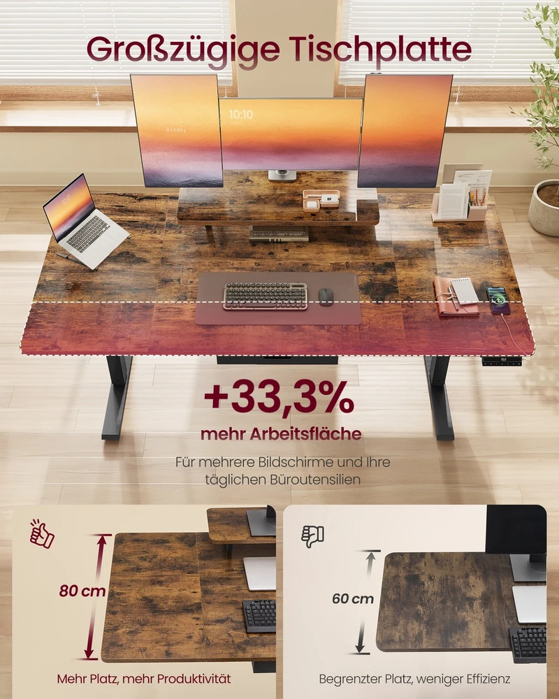 Koduva Reguliuojamo aukščio rašomasis stalas 160 x 80 cm su monitoriaus lentyna, stalčiumi ir USB-C