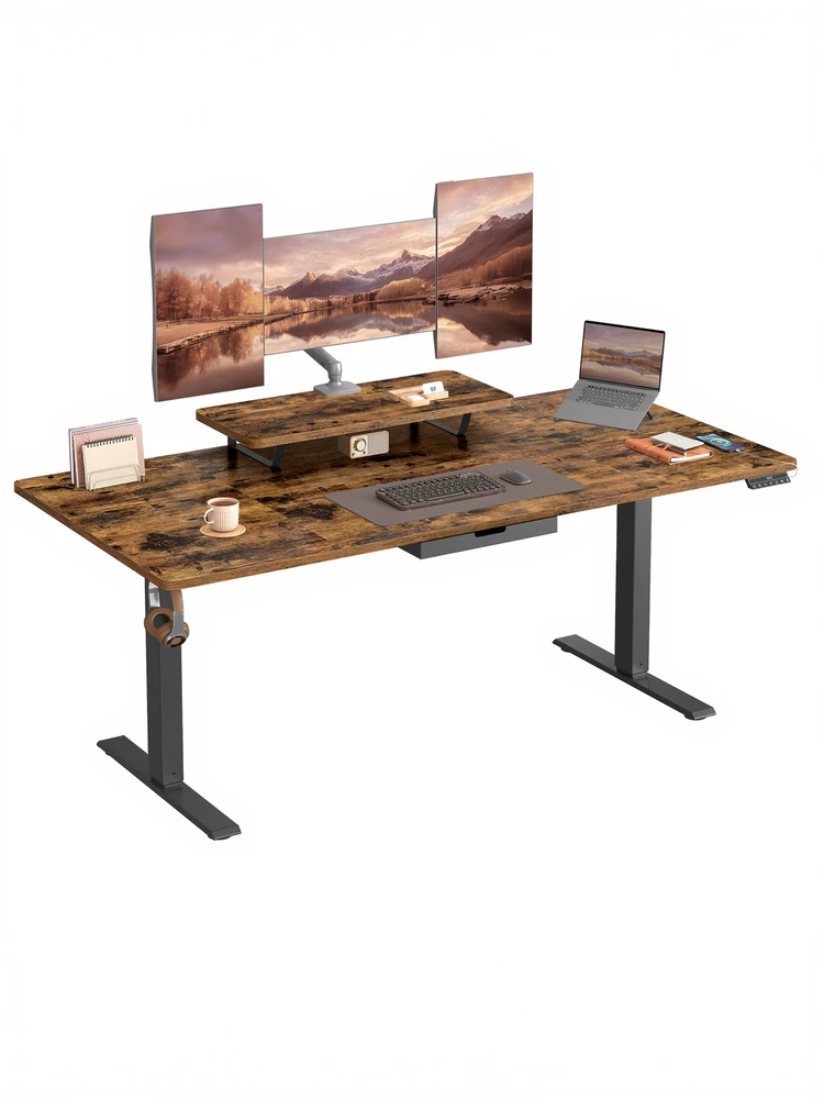 Songmics Reguliuojamo aukščio rašomasis stalas su monitoriaus stovu, 160 x 80 cm, rudas