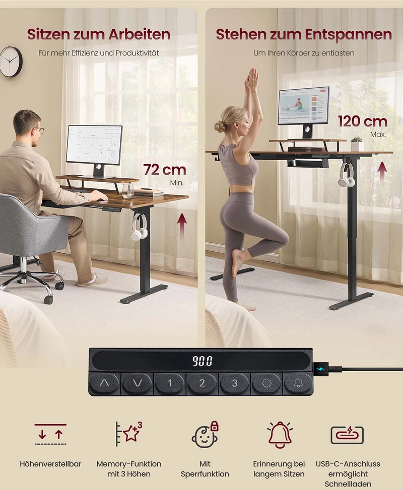 Koduva Reguliuojamo aukščio rašomasis stalas 140 x 70 cm, su monitoriaus stovu, stalčiumi ir USB-C, rudas