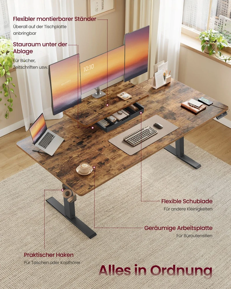 Koduva Reguliuojamo aukščio rašomasis stalas 160 x 80 cm su monitoriaus lentyna, stalčiumi ir USB-C