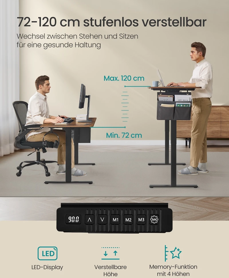 Koduva Reguliuojamo aukščio rašomasis stalas, elektrinis, 140 x 60 x 72–120 cm, vintažinės rudos-juodos spalvos
