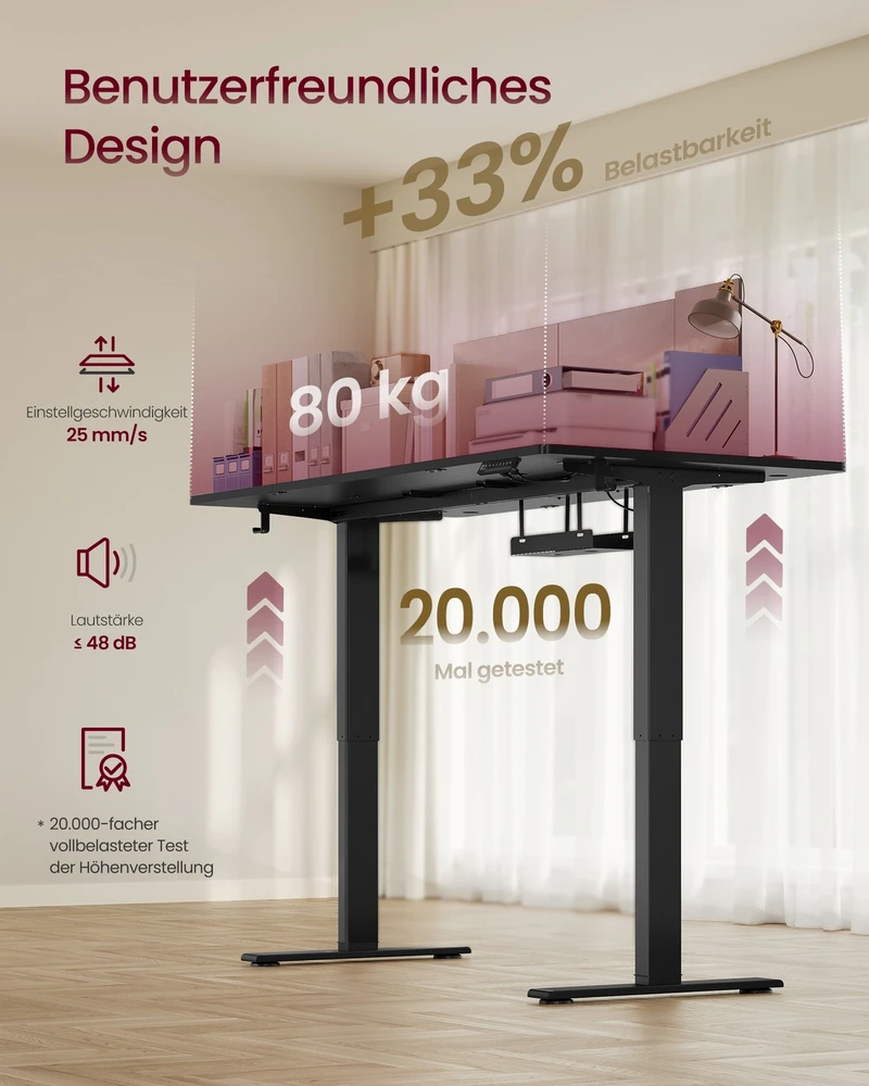 Koduva Reguliuojamo aukščio rašomasis stalas, 160 x 80 cm, su USB-C jungtimi, juodas