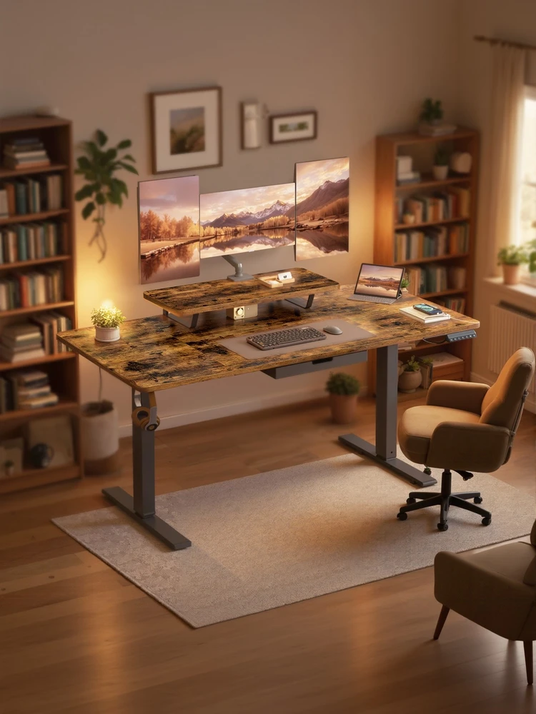 Songmics Reguliuojamo aukščio rašomasis stalas su monitoriaus stovu, 160 x 80 cm, rudas