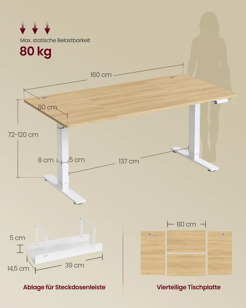 Songmics Reguliuojamo aukščio rašomasis stalas, 160 x 80 cm, auksinio ąžuolo spalvos