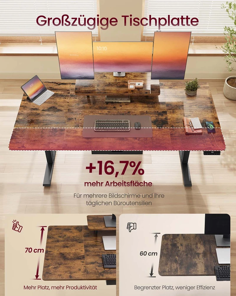 Koduva Reguliuojamo aukščio rašomasis stalas 140 x 70 cm, su monitoriaus stovu, stalčiumi ir USB-C, rudas