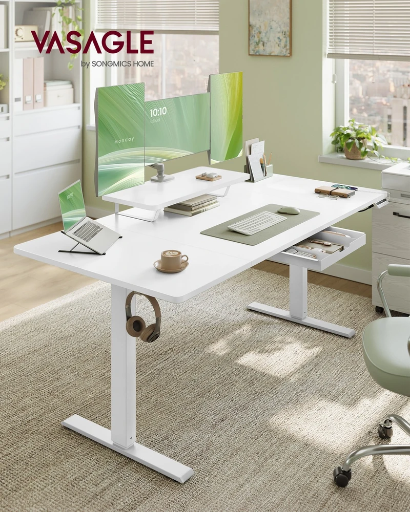Songmics Reguliuojamo aukščio rašomasis stalas su monitoriaus lentyna, USB-C, 160x80 cm, baltas