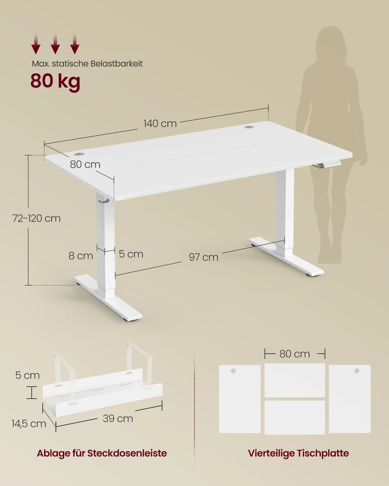 Koduva Reguliuojamo aukščio rašomasis stalas, 140 x 80 cm, matinis baltas, su USB-C