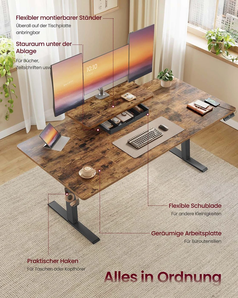 Koduva Reguliuojamo aukščio rašomasis stalas 140 x 70 cm, su monitoriaus stovu, stalčiumi ir USB-C, rudas