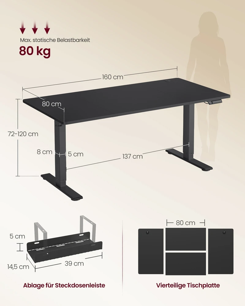 Koduva Reguliuojamo aukščio rašomasis stalas, 160 x 80 cm, su USB-C jungtimi, juodas