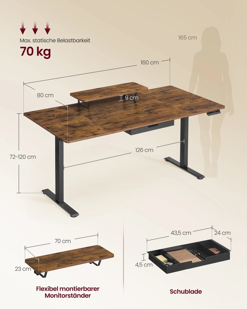 Koduva Reguliuojamo aukščio rašomasis stalas 160 x 80 cm su monitoriaus lentyna, stalčiumi ir USB-C